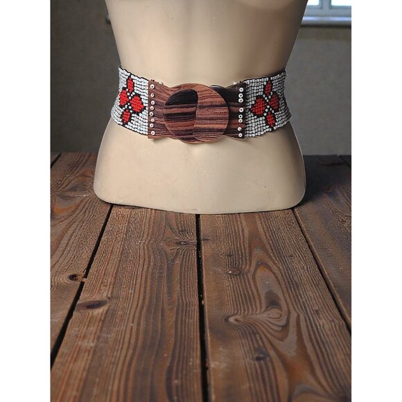 Wide Belt Stretch Red Star Flowers Beaded Boho Tribal Stretchy Wooden Buckle main image 6
